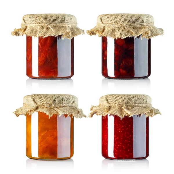 Set Fruits Jam Glass Jars Labels Covered Sackcloth Isolated White — Stock Photo, Image