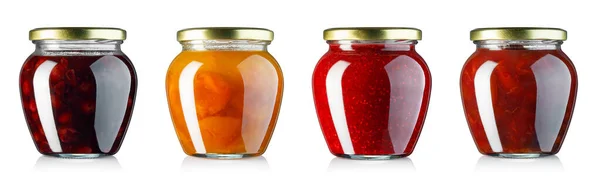 Coleção Compotas Frutas Frascos Vidro Com Tampas Metálicas Brilhantes Isoladas — Fotografia de Stock