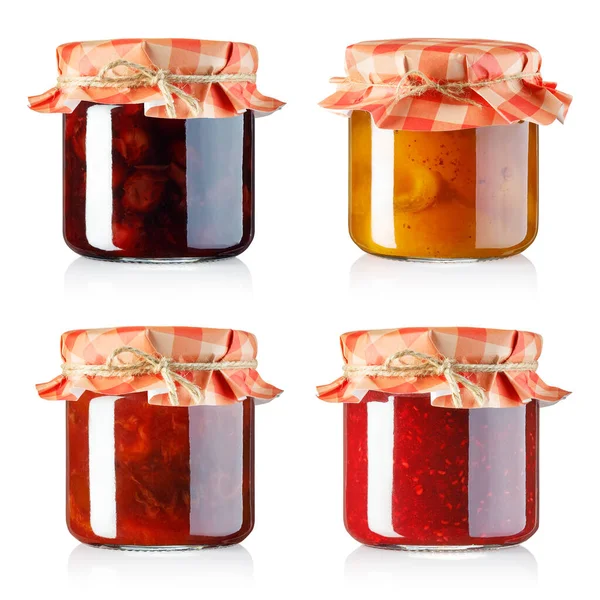 Collection Fruits Jam Small Glass Jars Covered Paper Isolated White — Stock Photo, Image