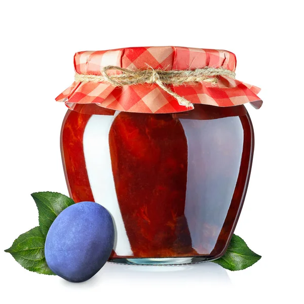 Homemade Plum Jam Glass Jar Covered Paper Isolated White Background — Stock Photo, Image
