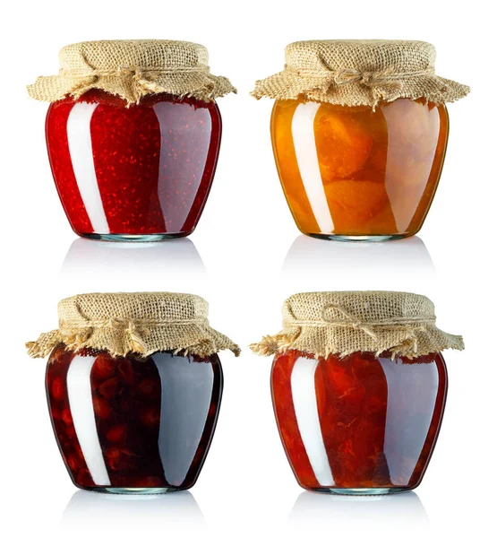Set Fruits Jam Glass Jars Covered Sackcloth Isolated White Background — Stock Photo, Image
