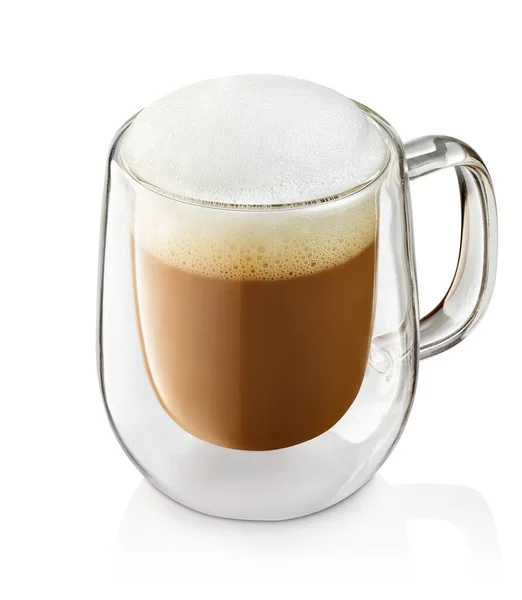 Cappuccino Com Espuma Leite Copo Vidro Com Paredes Duplas Isoladas — Fotografia de Stock