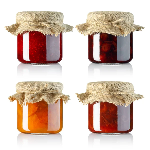 Collection Fruits Jam Small Glass Jars Covered Sackcloth Isolated White — Stock Photo, Image