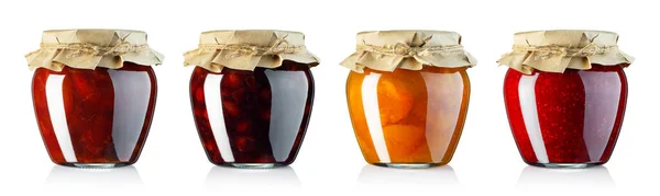 Set Fruits Jam Glass Jars Covered Wrapping Paper Isolated White — Stock Photo, Image