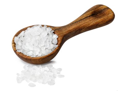 sea salt crystals in round wooden scoop isolated on white background