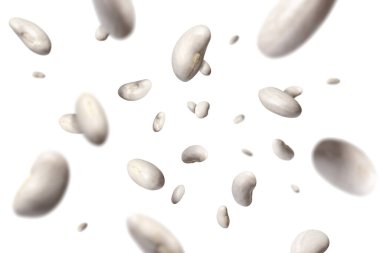 butter beans flying and falling in the air on white background