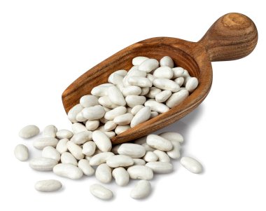 beans in wooden scoop isolated on white background