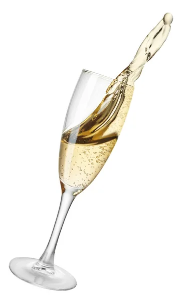 Падающий Бокал Шампанского Брызгами Изолированы Белом Фоне — стоковое фото