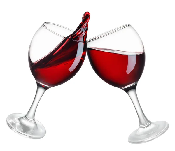 Two Glasses Red Wine Toasting Gesture Splash Isolated White Background — Stock Photo, Image