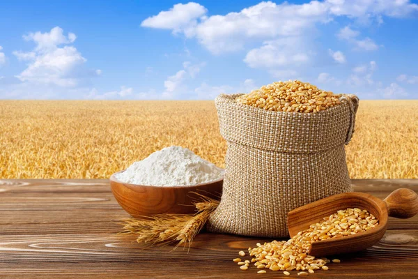 Wheat Flour Bowl Grains Burlap Bag Table Ripe Cereal Field Stock Photo