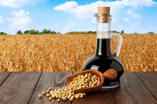 Soy Sauce Glass Bottle Dry Soybeans Wooden Scoop Table Ripe — Stock Photo, Image