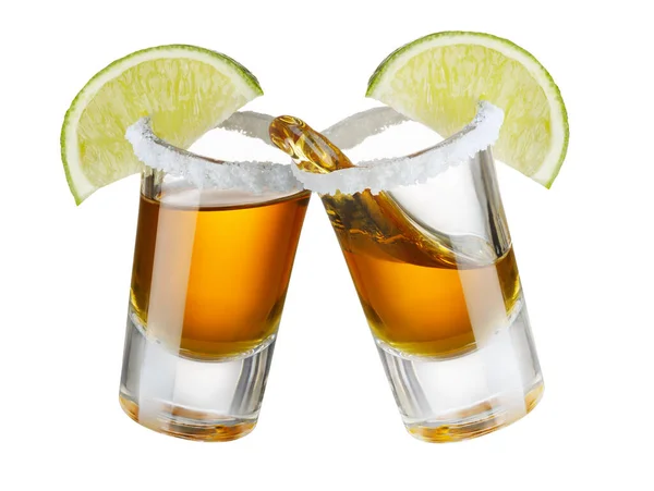 Dos Vasos Tequila Con Sal Rebanada Lima Haciendo Tostadas Con — Foto de Stock