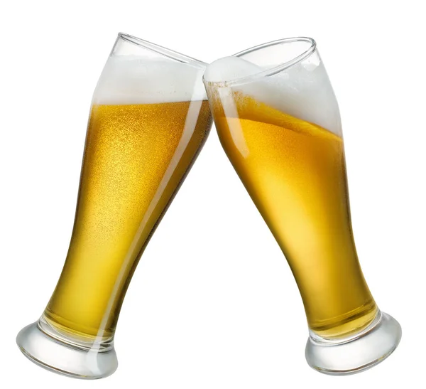 Dwa Kieliszki Jasnego Piwa Pianką Robiącą Tosty Izolowane Białym Tle — Zdjęcie stockowe