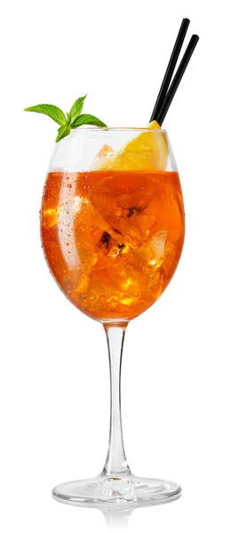 Nasses Glas Kalter Aperol Spritz Cocktail Mit Stroh Und Minze Stockbild