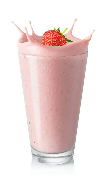 Glas Erdbeer Smoothie Oder Milchshake Mit Spritzer Und Fallenden Beeren — Stockfoto