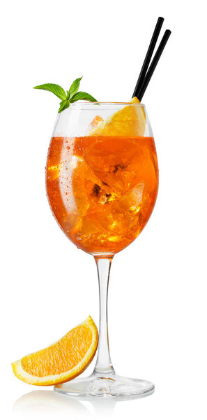 cold aperol spritz cocktail in glass with straw and slice of orange isolated on white background
