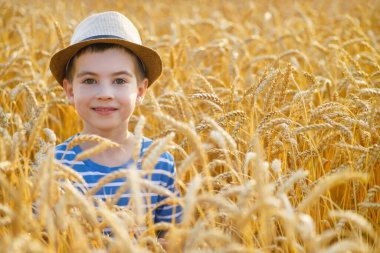 Mavi gömlekli gülümseyen küçük bir çocuğun portresi ve olgunlaşmış sarı buğday tarlasında bir şapka.