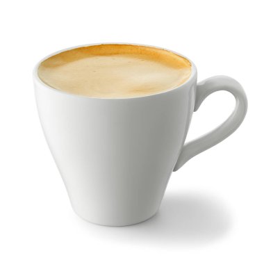 Beyaz arka planda izole edilmiş espresso kahveli küçük klasik beyaz bardak.