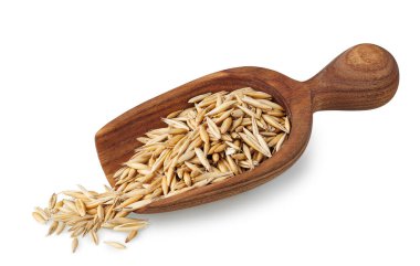 Tahta kepçedeki yulaf taneleri beyaz arka planda izole edilmiş.