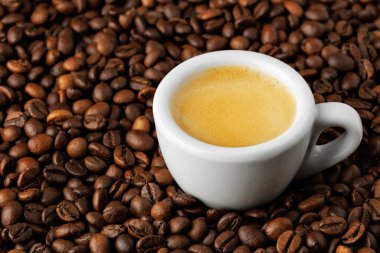 Küçük beyaz espresso fincanı kavrulmuş fasulyelerin üzerinde duruyor, kremanın altını çiziyor ve kahve aşıkları için mükemmel bir zemin oluşturuyor.