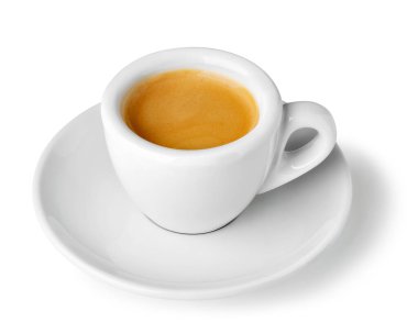 Small cup espresso with saucer revealing golden crema layer isolated on white background. File contains clipping path