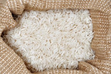 Top view of bag with long grain basmati rice.