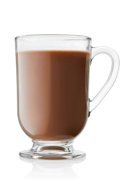 Transparent glass cup of hot chocolate isolated on white background. File contains clipping path