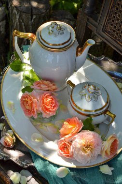 Beyaz porselen kahve demliği ve şeker kasesi tepside, bahçede kahvaltı, terasta güller, gül yaprakları, yaz güneşli bir gün, lüks, antika sofra takımı, güzel bir ortam, arka plan