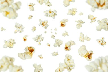 Collection of tasty popcorn falling isolated on white background. Selective focus
