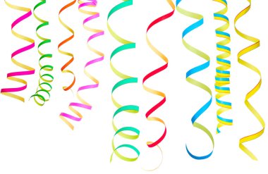Collection of colorful explosion of Party streamers, serpentine, curly paper ribbons. Multicolored party decorations. White background.