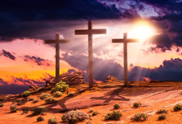 Crucifixion scene with three cross on hill. Concept Easter Jesus Ascends to Heaven Scene
