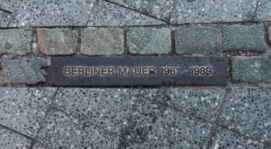 1961-1989 yılları arasında Berlin Duvarı 'nda parke taşı sokağında gömülü olan Bronz anıt plaketi. Tarihi belgeseller, seyahat rehberleri ve eğitim içeriği için mükemmel.