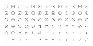 Web siteleri, uygulamalar ve arayüzler için temel ok simgeleri. Ortam denetimi, navigasyon, yenilenme, döndürme ve yönlü okları modern, asgari ve kullanımı kolay satır biçiminde içerir.
