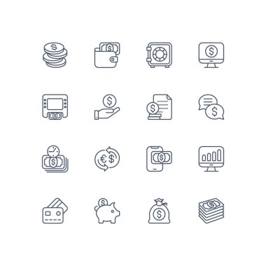 Temel finans ve bankacılık kavramlarını temsil eden asgari taslak simge seti: ödemeler, tasarruflar, mevduatlar, işlemler, yatırımlar, analitik, cüzdanlar, kredi kartları ve para transferleri.