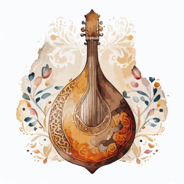 oud 'un süslemeli suluboya çizimi (Ortadoğu müzik aleti)
