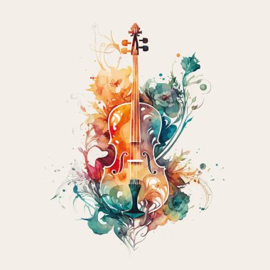 ornamental vector watercolor illustration of violin clipart