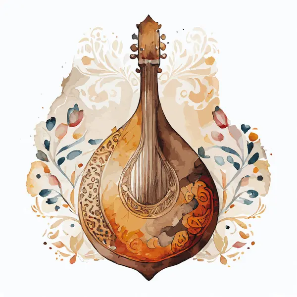 oud 'un süslemeli suluboya çizimi (Ortadoğu müzik aleti)