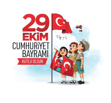 Türk Vatansever çocuklar 29 Ekim Cumhuriyet Günü 'nde bayrağı selamlıyorlar (Tercüme: 29 Ekim Cumhuriyet Günü kutlu olsun))