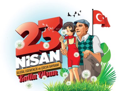 Küçük Türk kız Atatürk ile birlikteyken, o bahçede karahindiba çiçeğiyle oynuyor. (Tercüme: 23 Nisan Ulusal Egemenlik ve Çocuk Günü)