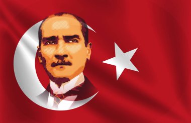 Ataturk's vector illustration portrait on Turkish flag. clipart