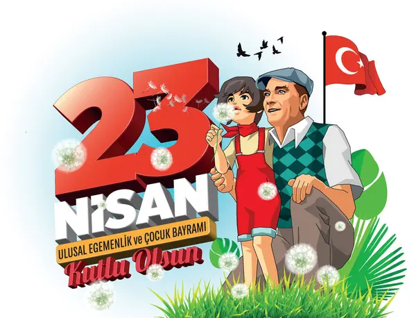 Küçük Türk kız Atatürk ile birlikteyken, o bahçede karahindiba çiçeğiyle oynuyor. (Tercüme: 23 Nisan Ulusal Egemenlik ve Çocuk Günü)