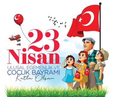 Türk vatansever çocuklar, 23 Nisan 'da Atatürk bayrağını ulusal egemenlik ve çocuk gününde selamlıyorlar (Çeviri: 23 Nisan Ulusal Egemenlik ve Çocuk Günü)