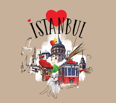 İstanbul kavramını seviyorum. El çizimi renkli vektör illüstrasyonunu..