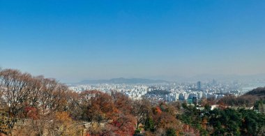 Seul 'ün yüksek açılı manzarası, dağ ve açık mavi gökyüzü.