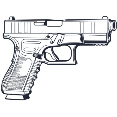 Silahın el çizimi vektör çizimi, tabancanın çizimi, kullanıma hazır çizgili sanat vektör dosyası, beyaz arka planda izole edilmiş tabancalı vektör silahı.