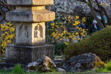 Akşam güneşinde Japon bahçe heykeli