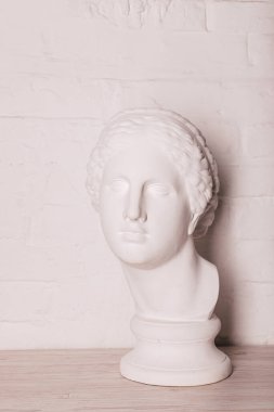 Heykelin alçı başı beyaz tuğla bir duvarın arka planında. Yüksek kalite fotoğraf