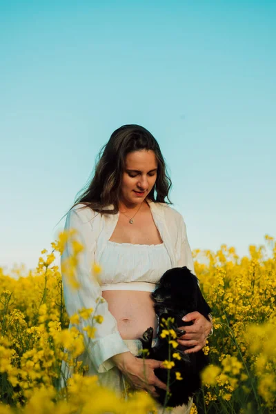 Pregnant Woman Small Black Dog Nature Rapeseed Field High Quality — Foto Stock