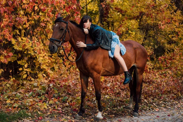 Woman Horse Autumn Forest Riding High Quality Photo — Stock Photo, Image
