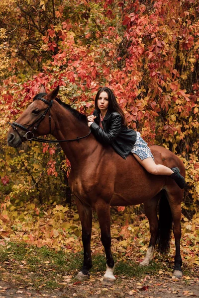 Μια Νεαρή Σέξι Γυναίκα Ξαπλώνει Πάνω Ένα Άλογο Υψηλής Ποιότητας — Φωτογραφία Αρχείου